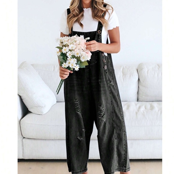 Light Blue Distressed Wide Leg Adjustable Strap Denim Jean Overalls - Picture 2 of 8